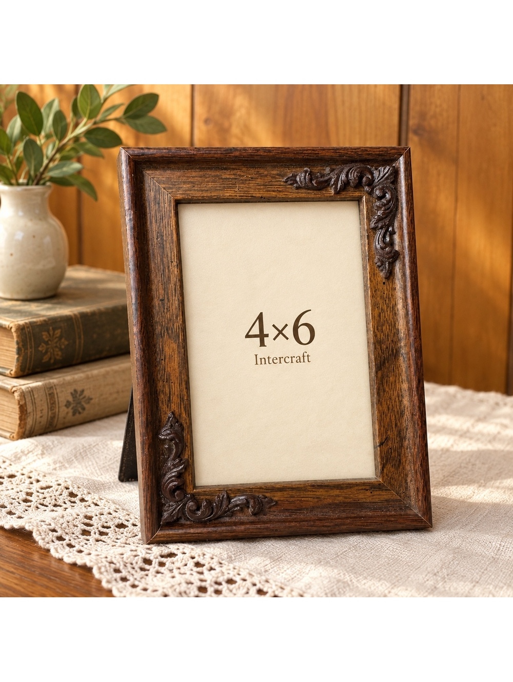 Vintage Wood Grain Ornate Scroll Corners Intercraft Picture Frame 4x6